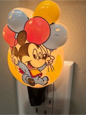 Vintage Baby Mickey Mouse Night Light Blue Pink Yellow Balloons 1977